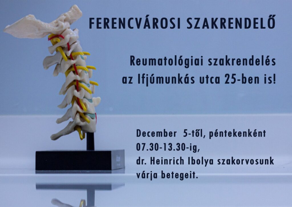 Reumatológiai szakrendelést hirdető plakát gerincmodell fotójával.